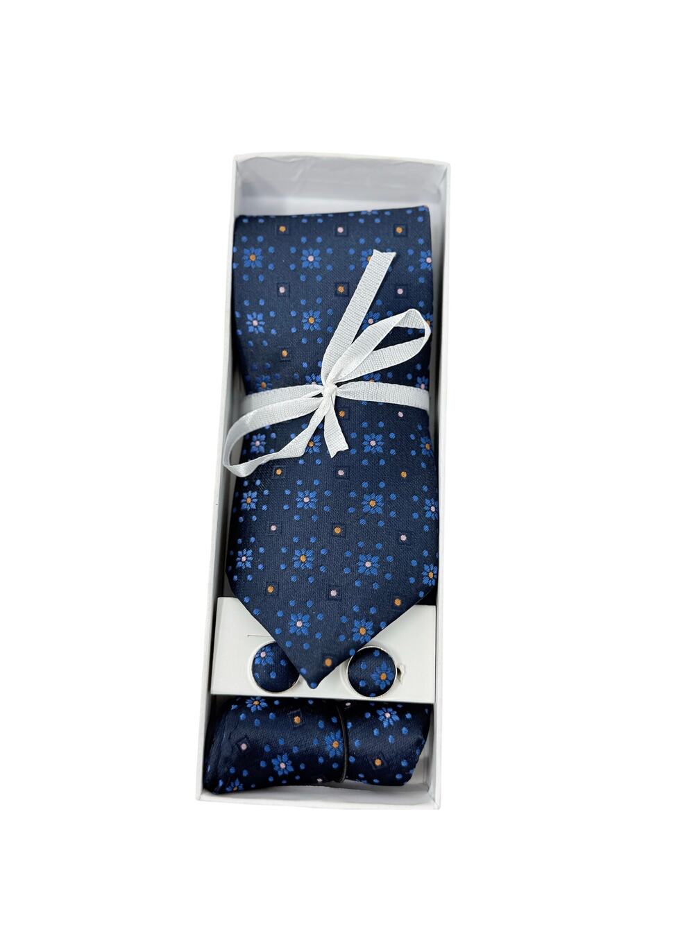 Dark Blue Floral Tie, Cufflinks, Handkerchief Set
